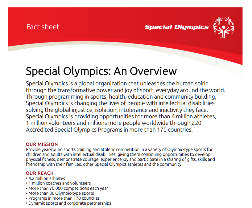 One of the many fact sheets provided by the Special Olympics in their Digital Press Kit.
