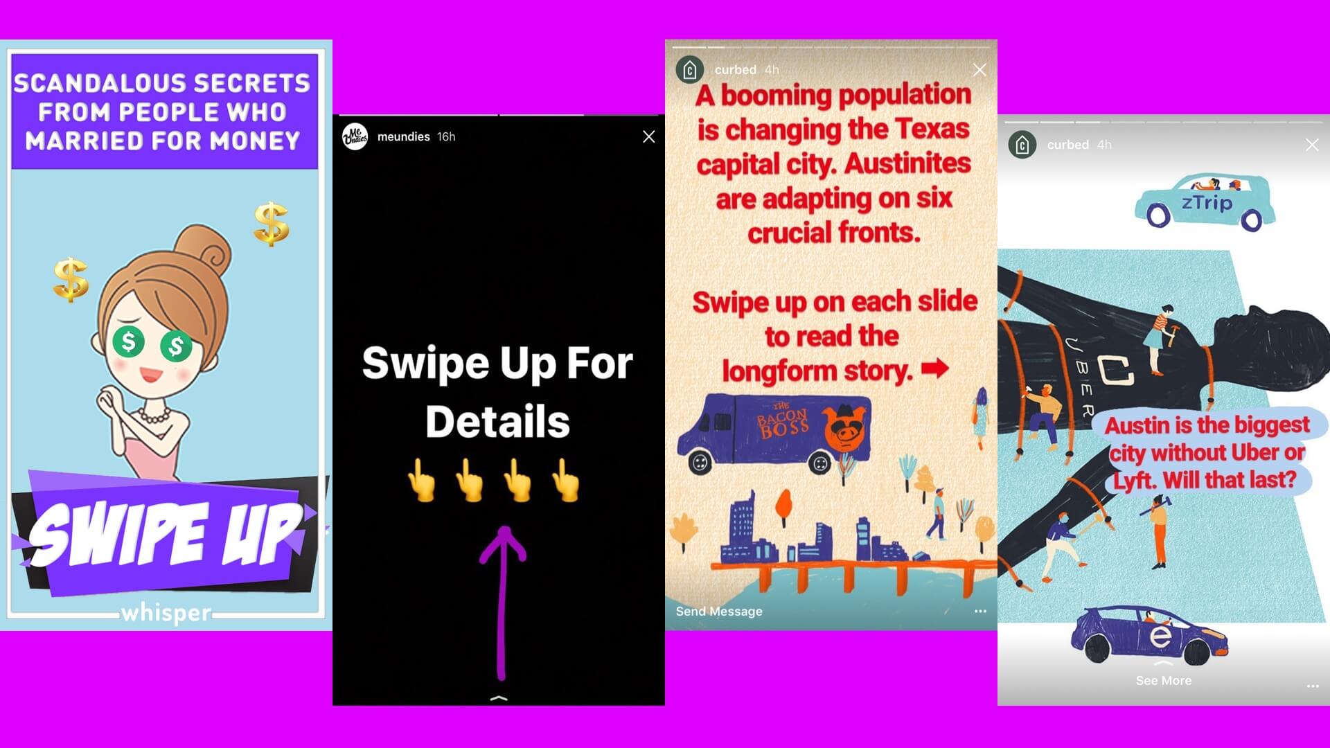 How Whisper, MeUndies and Curbed tease links in their Instagram Stories